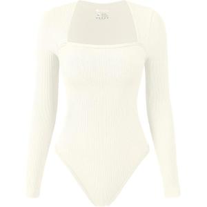 imageOQQ Womens Bodysuits Sexy Ribbed Square Neck Long Sleeve Tummy Control Casual Fall BodysuitsBeige