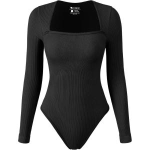 imageOQQ Womens Bodysuits Sexy Ribbed Square Neck Long Sleeve Tummy Control Casual Fall BodysuitsBlack