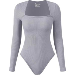 imageOQQ Womens Bodysuits Sexy Ribbed Square Neck Long Sleeve Tummy Control Casual Fall BodysuitsGrey