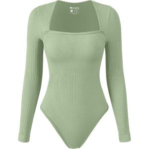 imageOQQ Womens Bodysuits Sexy Ribbed Square Neck Long Sleeve Tummy Control Casual Fall BodysuitsPea Green