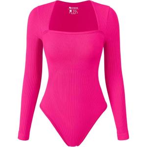 imageOQQ Womens Bodysuits Sexy Ribbed Square Neck Long Sleeve Tummy Control Casual Fall BodysuitsPitaya