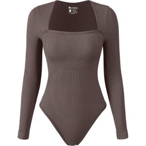 imageOQQ Womens Bodysuits Sexy Ribbed Square Neck Long Sleeve Tummy Control Casual Fall BodysuitsTea Leaf
