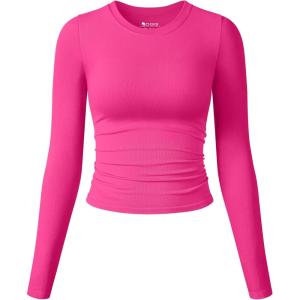 imageOQQ Womens Shirts Long Sleeve Crew Neck Ruched Stretch Basic Fitted Tee Shirts TopsPitaya