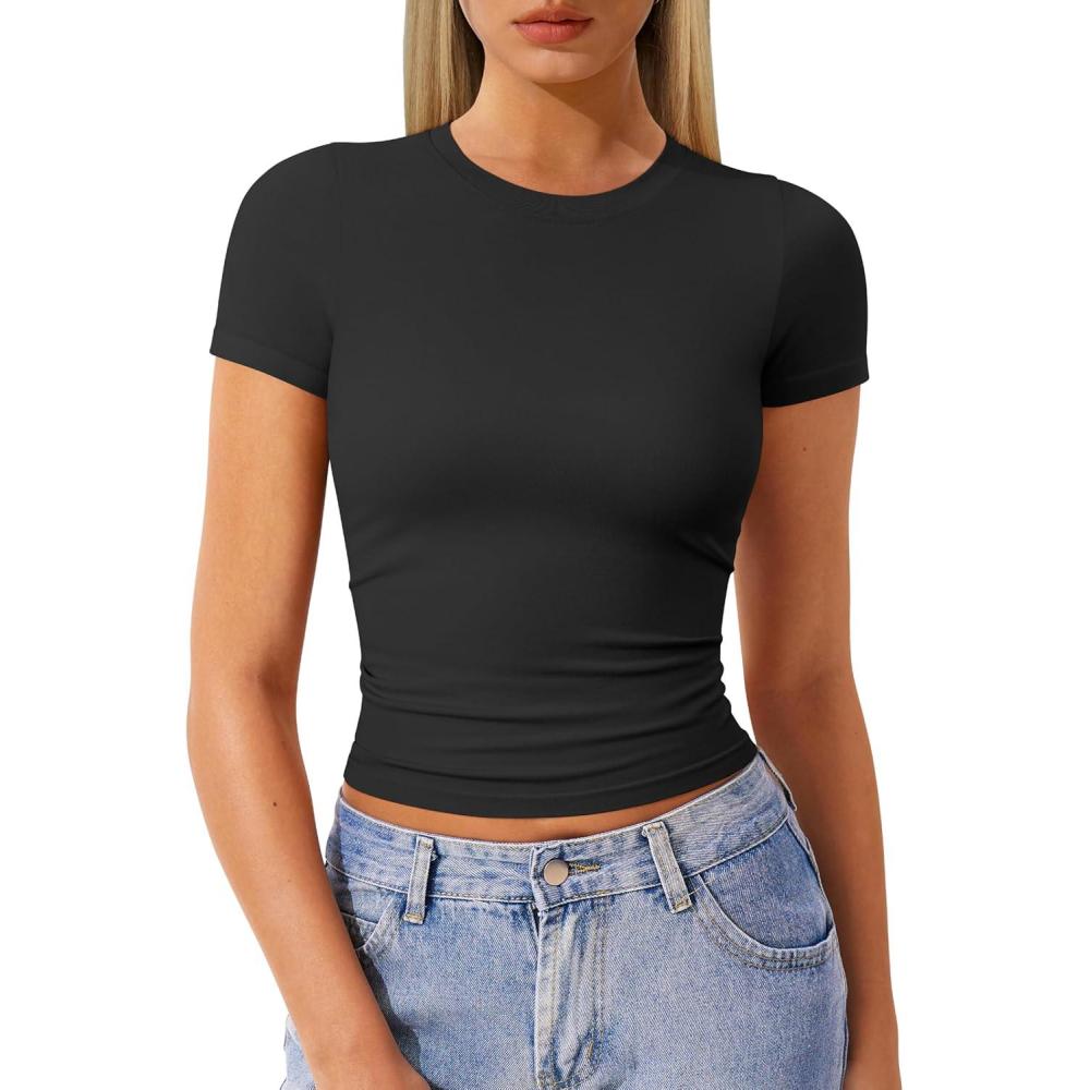 imageOQQ Women Short Sleeve Crewneck Fit Shirts Basic Tee Tops 2025 Casual TShirt Going Out Workout Outfits