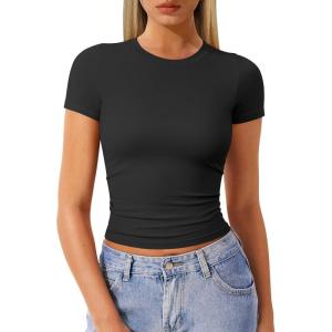 imageOQQ Women Short Sleeve Crewneck Fit Shirts Basic Tee Tops 2025 Casual TShirt Going Out Workout Outfits
