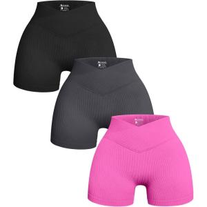 imageOQQ Womens 3 Piece Yoga Shorts Ribbed Seamless Workout High Waist Cross Over Athletic LeggingsBlack grey rose