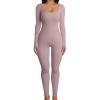imageOQQ Women Long Sleeve Yoga Jumpsuits Workout Ribbed Bodysuits Pants Sexy One PieceHide Pink