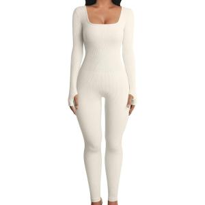 imageOQQ Women Long Sleeve Yoga Jumpsuits Workout Ribbed Bodysuits Pants Sexy One PieceBeige