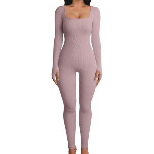 imageOQQ Women Long Sleeve Yoga Jumpsuits Workout Ribbed Bodysuits Pants Sexy One PieceHide Pink