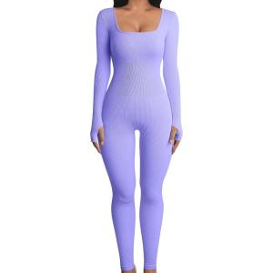 imageOQQ Women Long Sleeve Yoga Jumpsuits Workout Ribbed Bodysuits Pants Sexy One PiecePurple