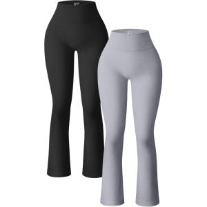 imageOQQ Womens 2 Piece Yoga Pants Ribbed Seamless Workout High Waist Bell Bottoms Flare LeggingsBlack grey