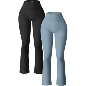 imageOQQ Womens 2 Piece Yoga Pants Ribbed Seamless Workout High Waist Bell Bottoms Flare LeggingsBlack haze Blue