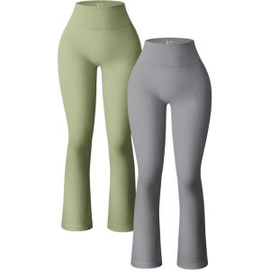 imageOQQ Womens 2 Piece Yoga Pants Ribbed Seamless Workout High Waist Bell Bottoms Flare LeggingsSmoke Grey jade Green