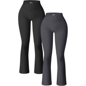 imageOQQ Womens 2 Piece Yoga Pants Ribbed Seamless Workout High Waist Cross Over Bell Bottoms Exercise Flare LeggingsBlack darkgrey