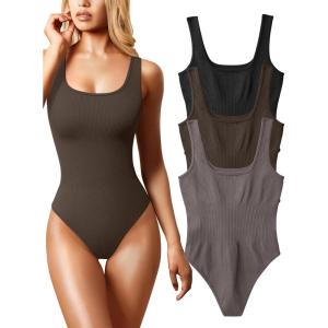 imageOQQ Womens 3 Piece Bodysuits Sexy Ribbed Sleeveless Square Neck Tank Tops Leotard 2025 Trendy OutfitsBlack darkbrown tea Leaf