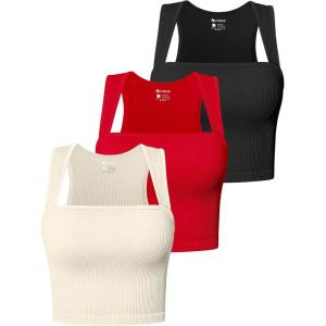 imageOQQ Womens 3 Piece Tank Tops Strappy Sleeveless Square Neck Stretch Tee Shirts Crop CamisBlack red beige