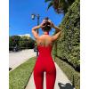 imageOQQ Jumpsuits for Women Fall Winter Halterneck Sleeveless LaceTrim Flared JumpsuitRed