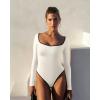 imageOQQ Women Bodysuit ContrastTrim Square Neck Long Sleeve Stretch Bodysuit TopsBeige