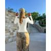 imageOQQ Women Bodysuit ContrastTrim Square Neck Long Sleeve Stretch Bodysuit TopsBeige