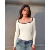 imageOQQ Women Bodysuit ContrastTrim Square Neck Long Sleeve Stretch Bodysuit TopsBeige