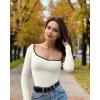 imageOQQ Women Bodysuit ContrastTrim Square Neck Long Sleeve Stretch Bodysuit TopsBeige