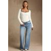 imageOQQ Women Bodysuit ContrastTrim Square Neck Long Sleeve Stretch Bodysuit TopsBeige
