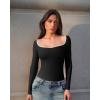 imageOQQ Women Bodysuit ContrastTrim Square Neck Long Sleeve Stretch Bodysuit TopsBlack