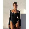 imageOQQ Women Bodysuit ContrastTrim Square Neck Long Sleeve Stretch Bodysuit TopsBlack