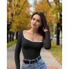 imageOQQ Women Bodysuit ContrastTrim Square Neck Long Sleeve Stretch Bodysuit TopsBlack