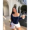 imageOQQ Women Bodysuit ContrastTrim Square Neck Long Sleeve Stretch Bodysuit TopsNavy Blue