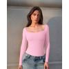 imageOQQ Women Bodysuit ContrastTrim Square Neck Long Sleeve Stretch Bodysuit TopsPink Cherry Blossom