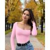 imageOQQ Women Bodysuit ContrastTrim Square Neck Long Sleeve Stretch Bodysuit TopsPink Cherry Blossom