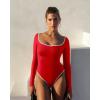 imageOQQ Women Bodysuit ContrastTrim Square Neck Long Sleeve Stretch Bodysuit TopsRed