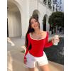 imageOQQ Women Bodysuit ContrastTrim Square Neck Long Sleeve Stretch Bodysuit TopsRed