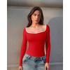 imageOQQ Women Bodysuit ContrastTrim Square Neck Long Sleeve Stretch Bodysuit TopsRed