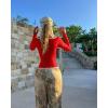 imageOQQ Women Bodysuit ContrastTrim Square Neck Long Sleeve Stretch Bodysuit TopsRed