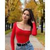 imageOQQ Women Bodysuit ContrastTrim Square Neck Long Sleeve Stretch Bodysuit TopsRed