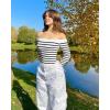 imageOQQ Women Off The Shoulder Knit Top Tide Striped TShirts Fitted Basic Tee 2025 Crop TunicsBlack