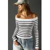 imageOQQ Women Off The Shoulder Knit Top Tide Striped TShirts Fitted Basic Tee 2025 Crop TunicsBlack