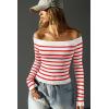 imageOQQ Women Off The Shoulder Knit Top Tide Striped TShirts Fitted Basic Tee 2025 Crop TunicsRed