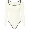 imageOQQ Women Bodysuit ContrastTrim Square Neck Long Sleeve Stretch Bodysuit TopsBeige