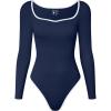 imageOQQ Women Bodysuit ContrastTrim Square Neck Long Sleeve Stretch Bodysuit TopsNavy Blue
