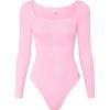 imageOQQ Women Bodysuit ContrastTrim Square Neck Long Sleeve Stretch Bodysuit TopsPink Cherry Blossom