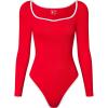 imageOQQ Women Bodysuit ContrastTrim Square Neck Long Sleeve Stretch Bodysuit TopsRed