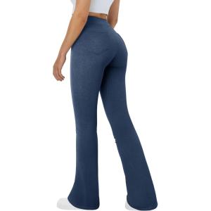 imageOQQ Flared Pants for Women Trendy Acid Wash High Waist Casual Soft Cropped Stretchy Baggy with Patch PocketsDarkblue