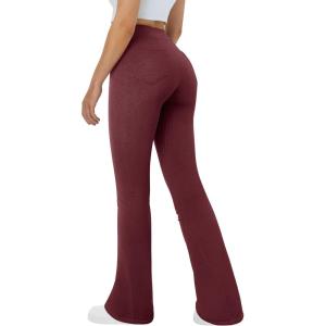 imageOQQ Flared Pants for Women Trendy Acid Wash High Waist Casual Soft Cropped Stretchy Baggy with Patch PocketsMaroon
