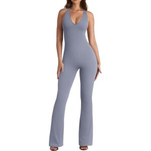 imageOQQ Jumpsuits for Women Fall Winter Halterneck Sleeveless LaceTrim Flared JumpsuitBlues