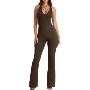 imageOQQ Jumpsuits for Women Fall Winter Halterneck Sleeveless LaceTrim Flared JumpsuitDarkbrown