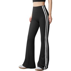 imageOQQ Pants for Women Soft Active High Waist Yoga Leggings Stripes Flared TrousersBlack