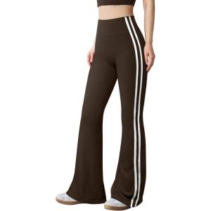 imageOQQ Pants for Women Soft Active High Waist Yoga Leggings Stripes Flared TrousersDarkbrown